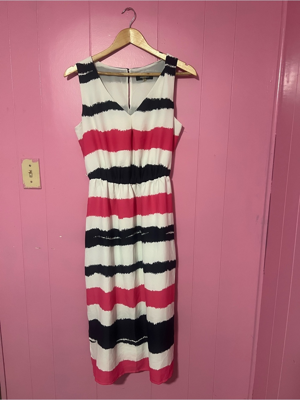 Sleeveless Striped Midi Dress in White, Black & Pink